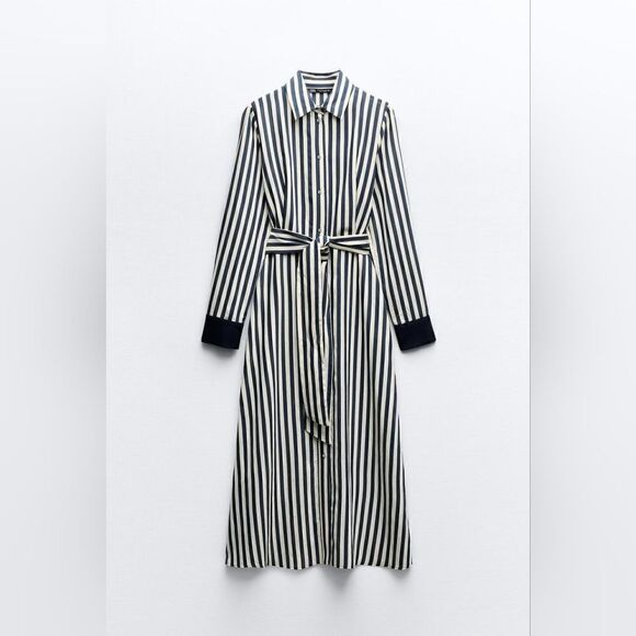 BLOGGER'S FAVE!  Zara PRINTED MIDI SHIRT DRESS stripes maxi dress navy blue - Picture 9 of 13